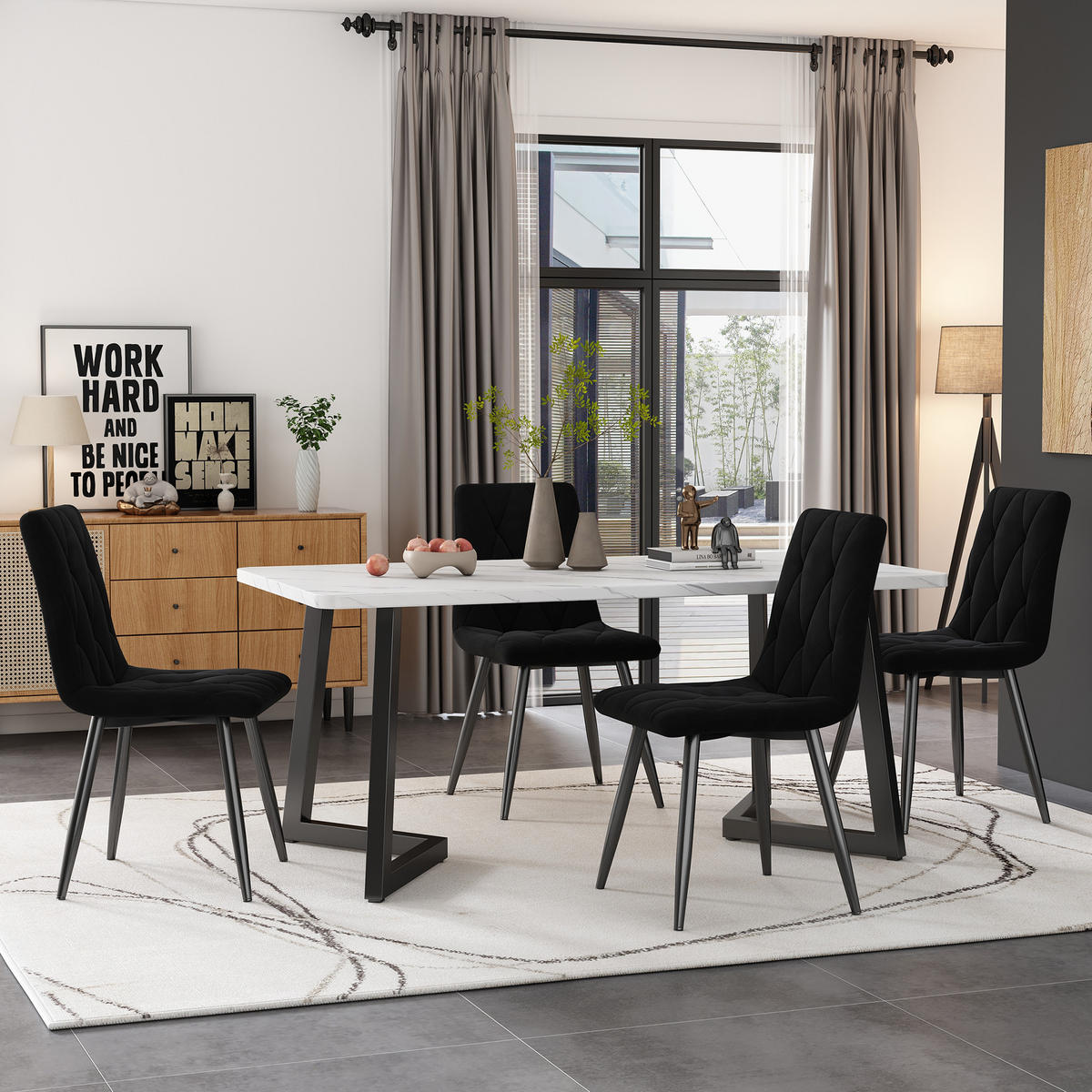ESSGRUPPE 5-teilig mit Marmoroptik-Esstisch 117×68 und vier schwarzen Samtstühlen als modernes Küchenset, weiß+schwarz - Schwarz, Holzwerkstoff (68/75/117cm) - Luhomfu