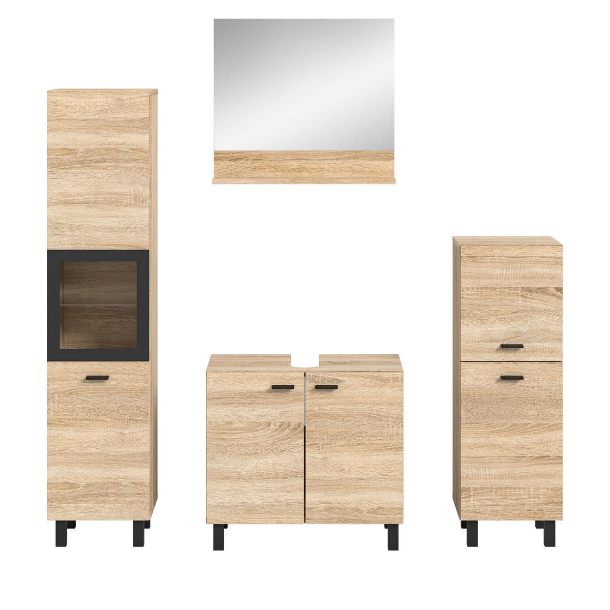 BADMÖBEL-SET Eiche 4-teilig 140 cm, Komplettset hängend oder stehend - Eichefarben/Schwarz, Glas/Holzwerkstoff (137/186/33cm) - Inn.Furn
