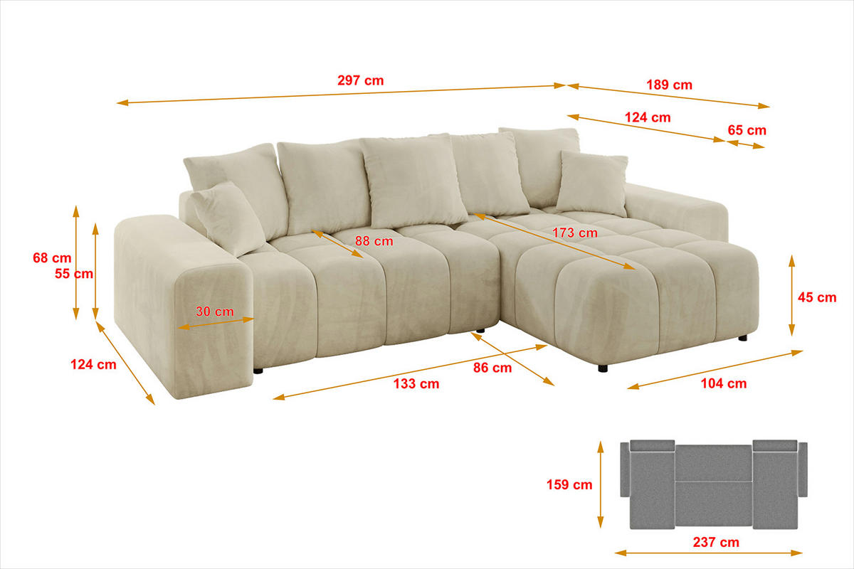 ECKSOFA Ottomane rechts ENIL-L 297x189x68 Beige Velours - Taupe, Holzwerkstoff/Kunststoff (189/297cm) - ALTDECOR