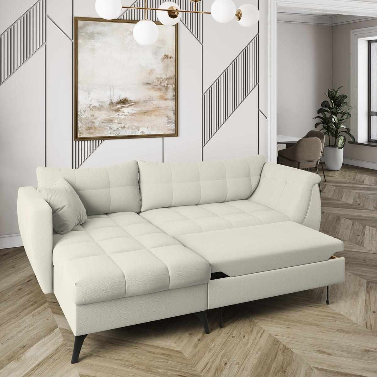 ECKSOFA MOLLIS Creme Geflochtener-Stoff mit Schlaffunktion - Creme, Holz (241/154cm) - MASSENO