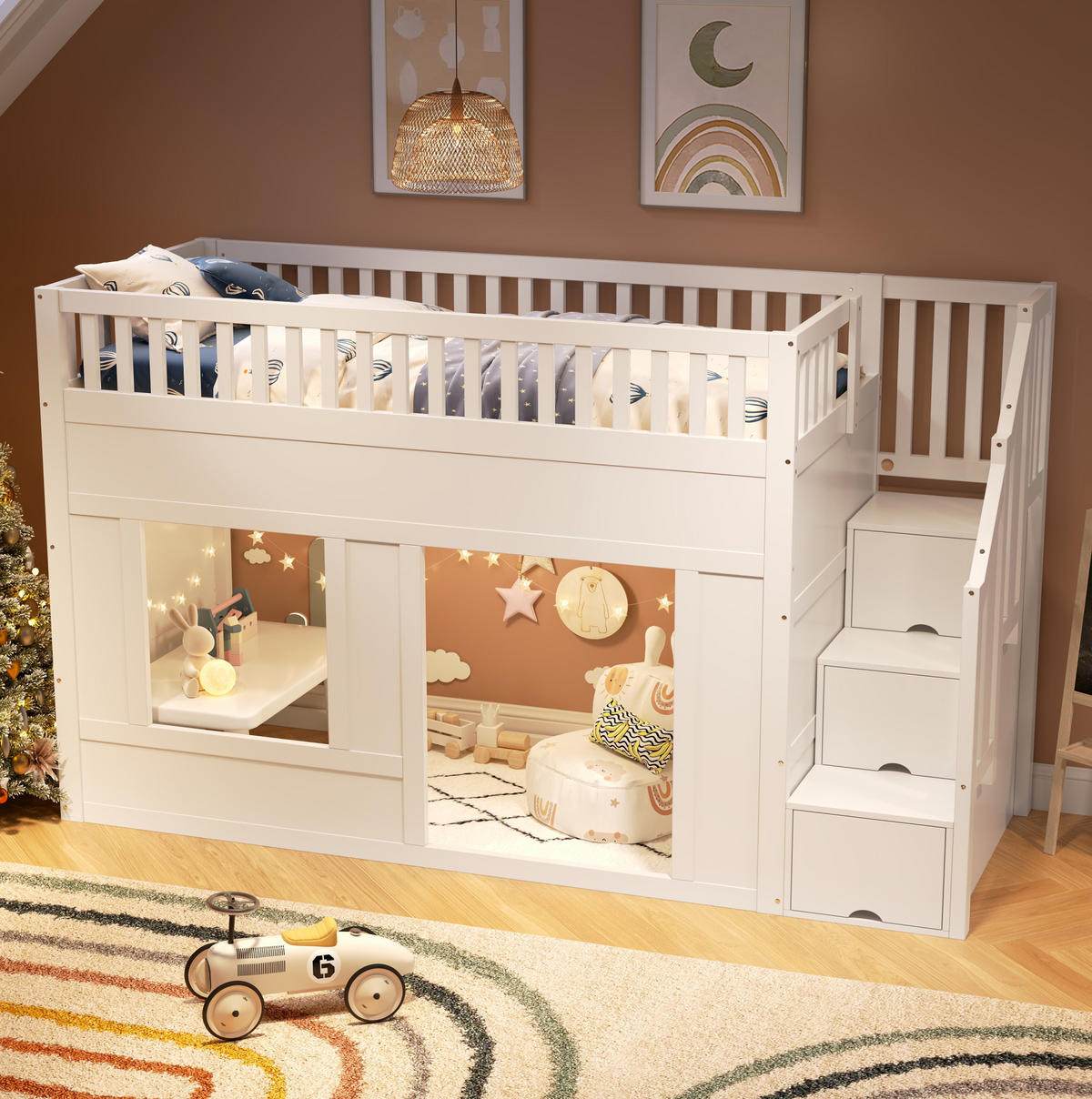 ETAGENBETT 90/200 cm weiß aus Massivholz und MDF mit Treppenschrank - Weiß, Holzwerkstoff (90/200cm) - OKWISH