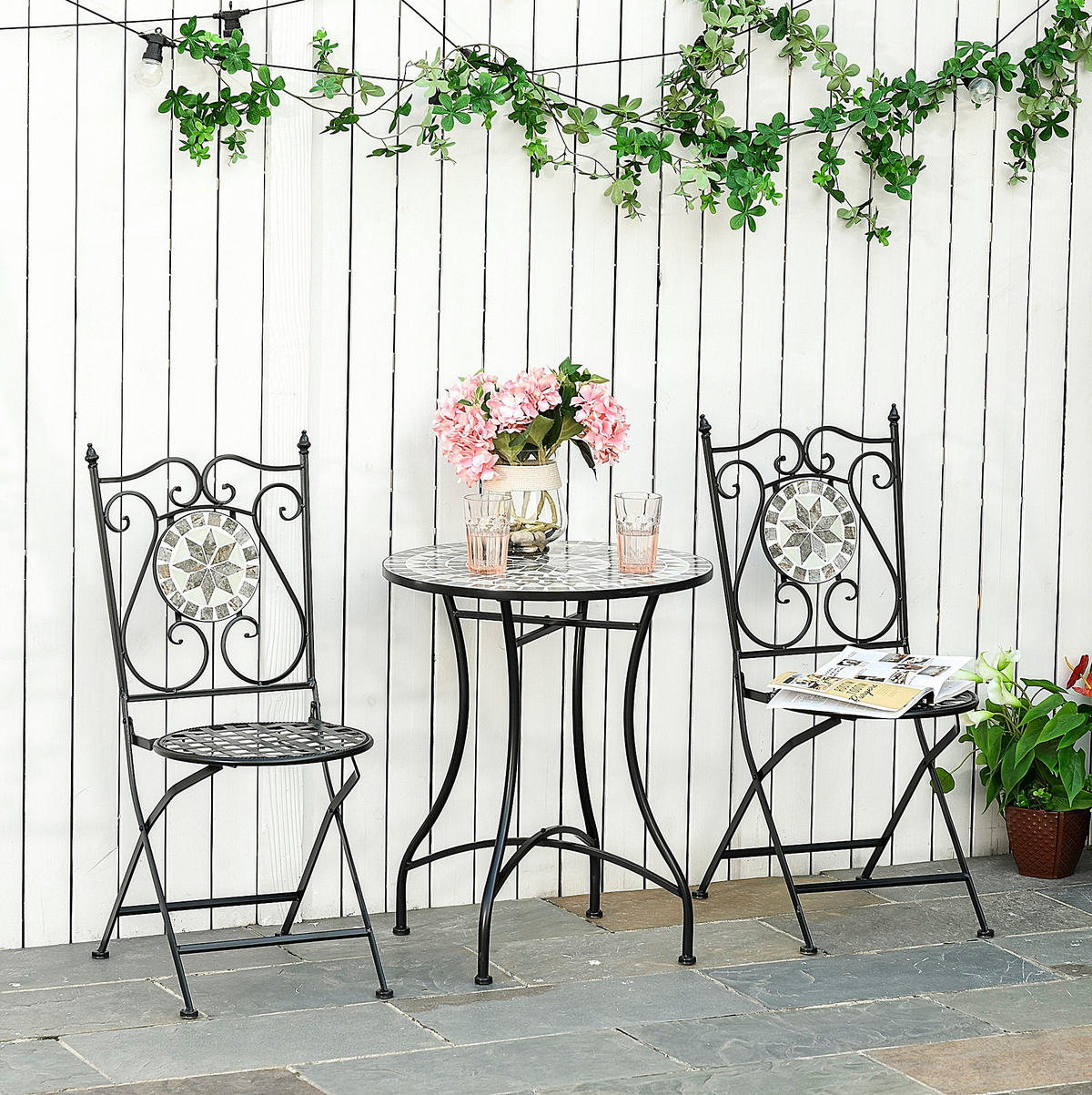 GARTENSET aus Metall, Tisch Ø60x71 cm, Stühle 50x49x95 cm, Grau, mit Klappstühlen und Mosaikdetails - Grau, Metall - Modfu
