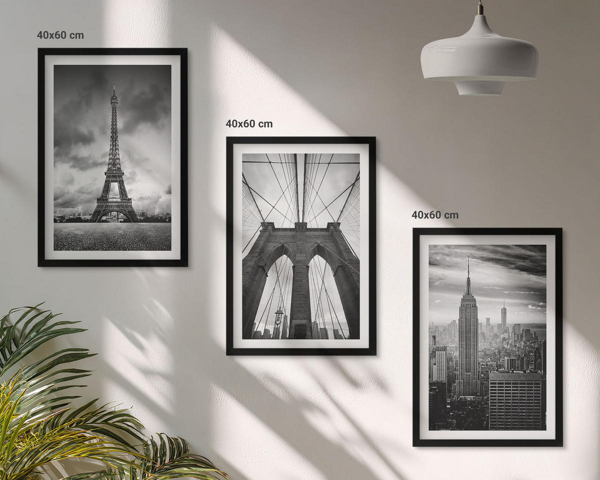 BILDER SET 3er Set - 40x60 cm Schwarzer Rahmen - Monochromatische Brückentürme - Schwarz, Kunststoff (40/60cm) - TULUP