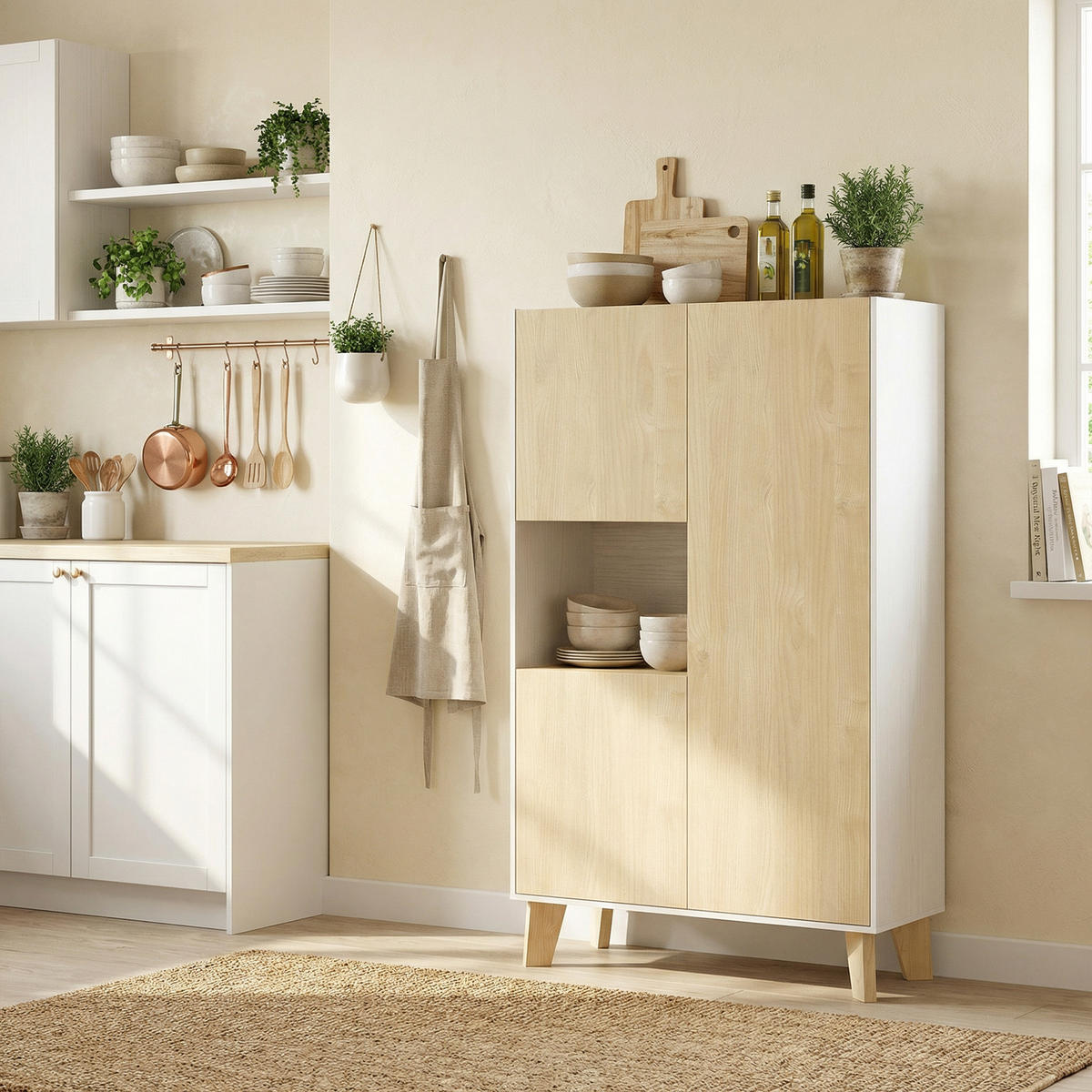 SIDEBOARD Weiß und Naturholz, 6 Fächer, Soft-Close, 80/40/135 cm - Weiß, Holz (80/135/40cm) - PANGIVO