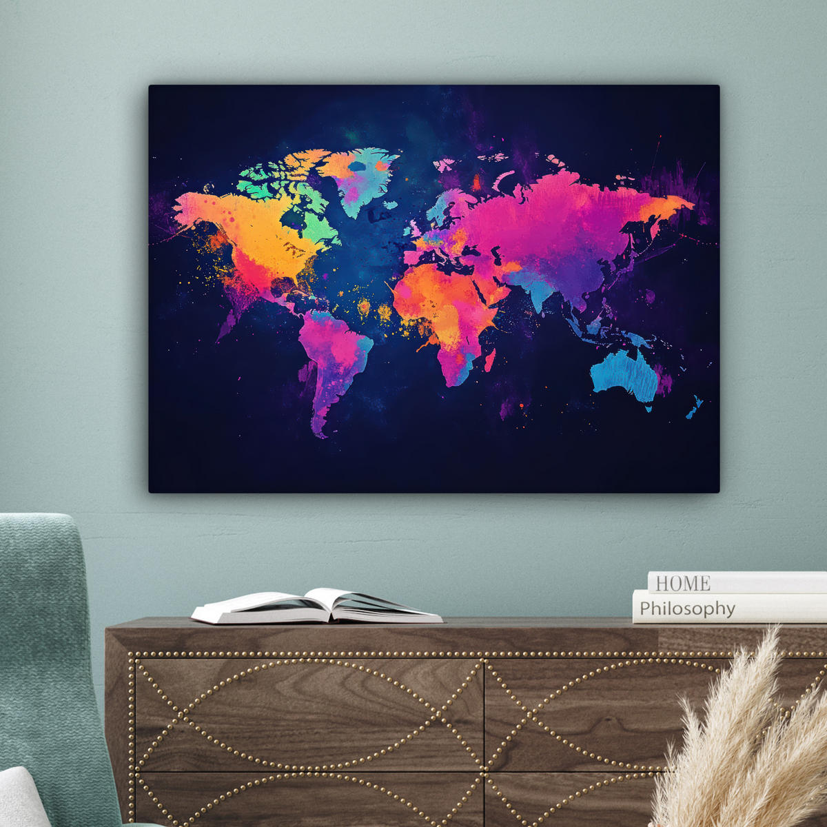 LEINWANDBILD Weltkarte - Bunt - Graffiti Wandbilder 80x60 cm - Multicolor, Textil (80/60cm) - MuchoWow