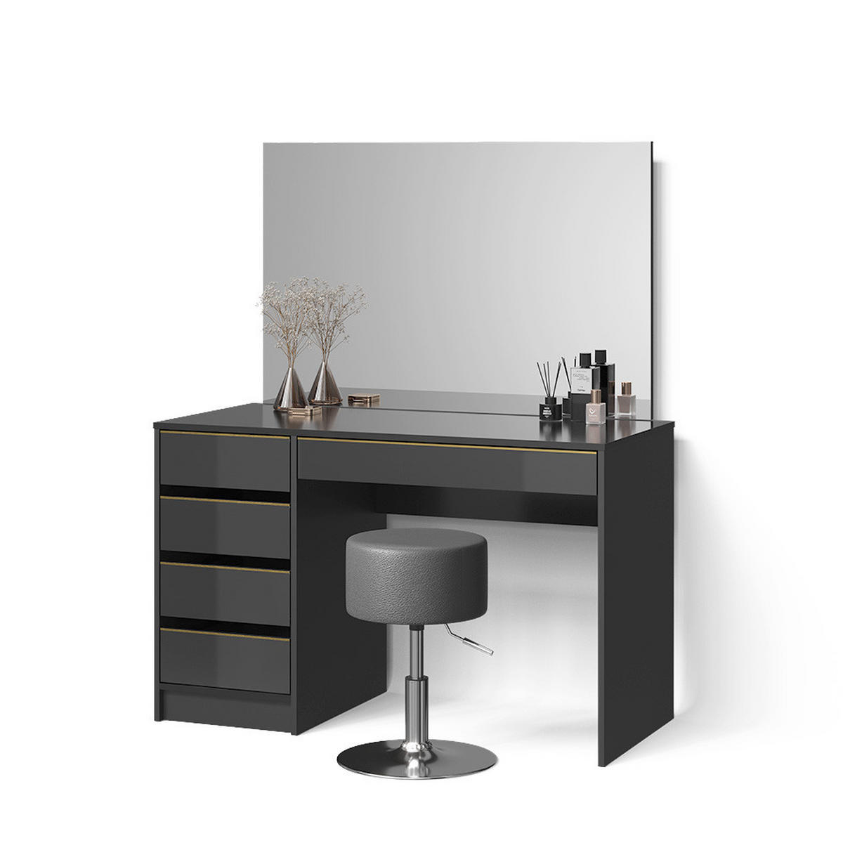 SCHMINKTISCH-SET Imola Schwarz/Gold 120 cm mit Hocker - Goldfarben/Schwarz, Holzwerkstoff (120/75/55cm) - Livinity®