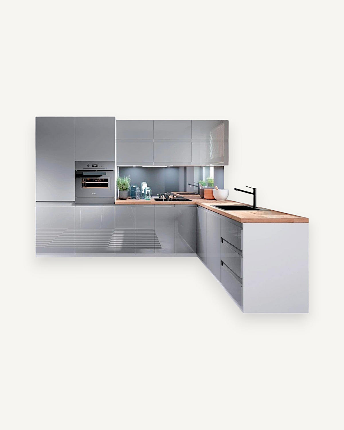 WINKELKÜCHE 300 x 210 cm - Aspen K31- M300 - in Grau/Hochglanz - Grau, Holz (340/212/210cm)