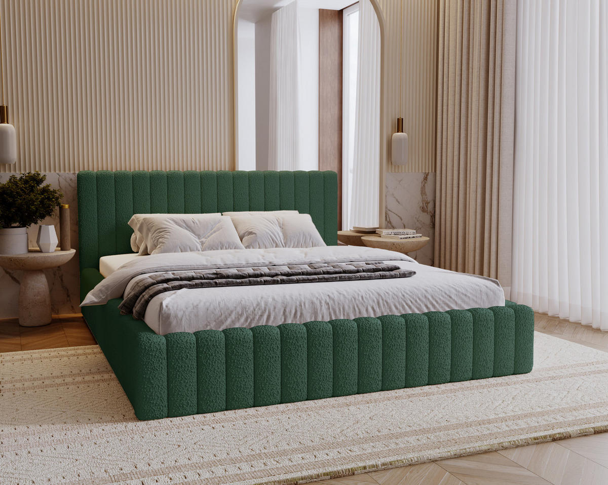 POLSTERBETT 160x200 Billo mit Bettkasten, Boucle Grün - Grün, Holz/Textil (160/200cm) - Emporius