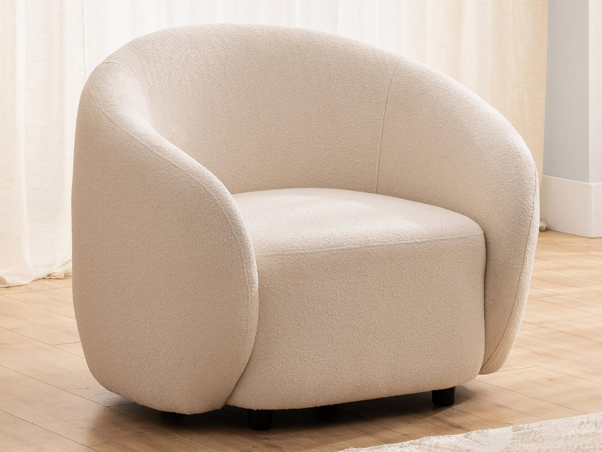 SITZGARNITUR 2+1 Roundi Cremeweiß Bouclé - Creme/Schwarz, Holz/Kunststoff (150/76/80cm) - S-Style Möbel