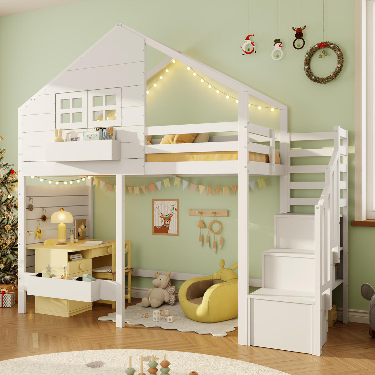 KINDEREINZELBETTEN aus Massivholz 90x200 cm in Weiß mit Stauraumtreppe & Fenster - Weiß, Holz (90/200cm) - Modfu