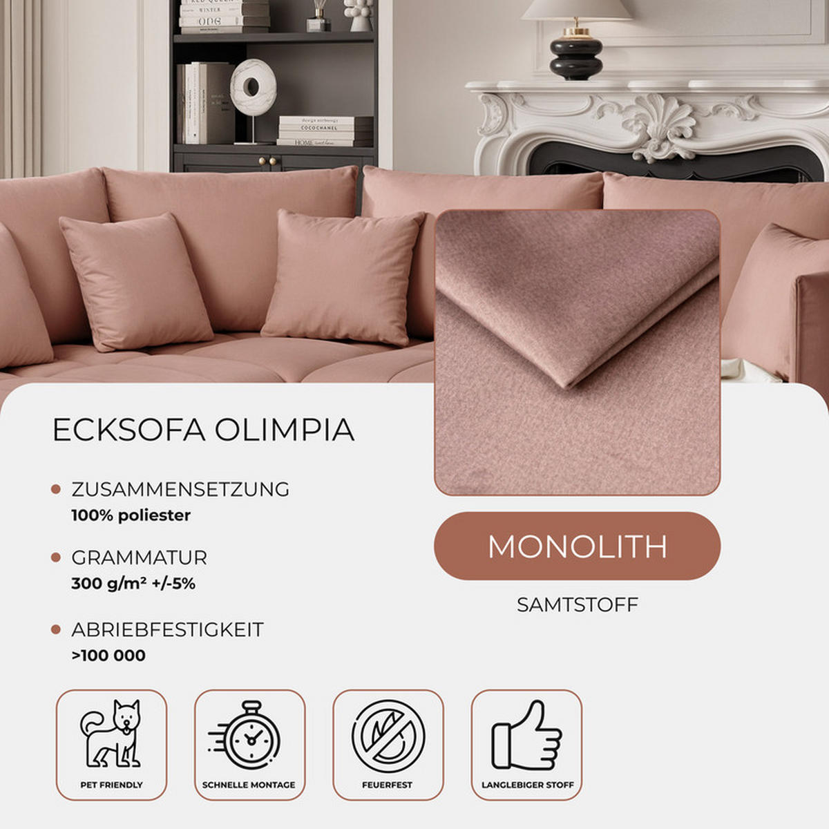 ECKSOFA OLIMPIA mit Schlaffunktion und Bettkasten Rosa - Rosa, Holzwerkstoff/Kunststoff (235/230cm) - Idohome
