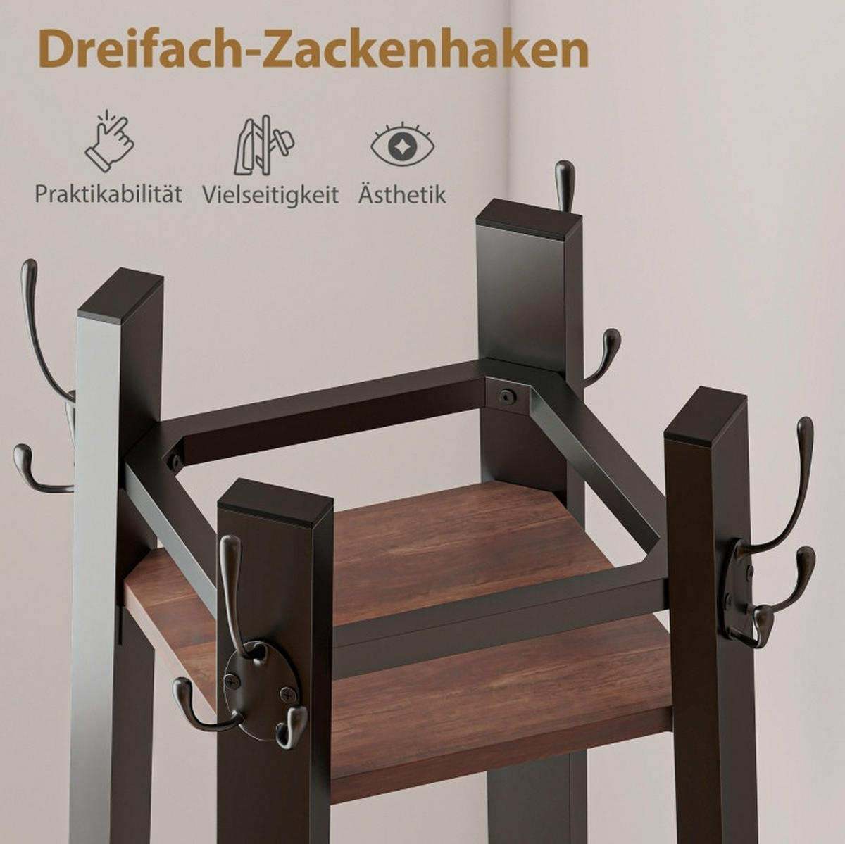 GARDEROBENSTÄNDER 34,8/34,8/179 cm mit 8 Haken und 4 Ablagen aus Metall und Holzoptik, Braun - Braun, Holz (34.8/179/34.8cm) - Redom