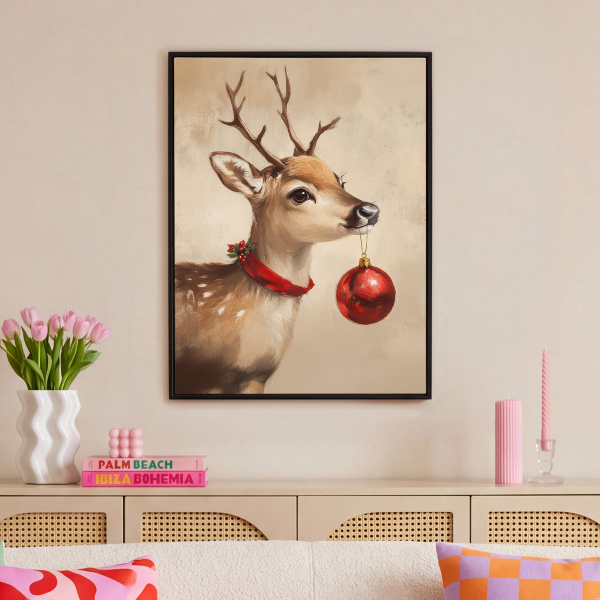 LEINWAND Bilder mit Rahmen - Weihnachten - Hirsch - Geweih - Weihnachtskugel - Rentier - 70x100 - Hellbraun, Textil (70/100cm) - MuchoWow