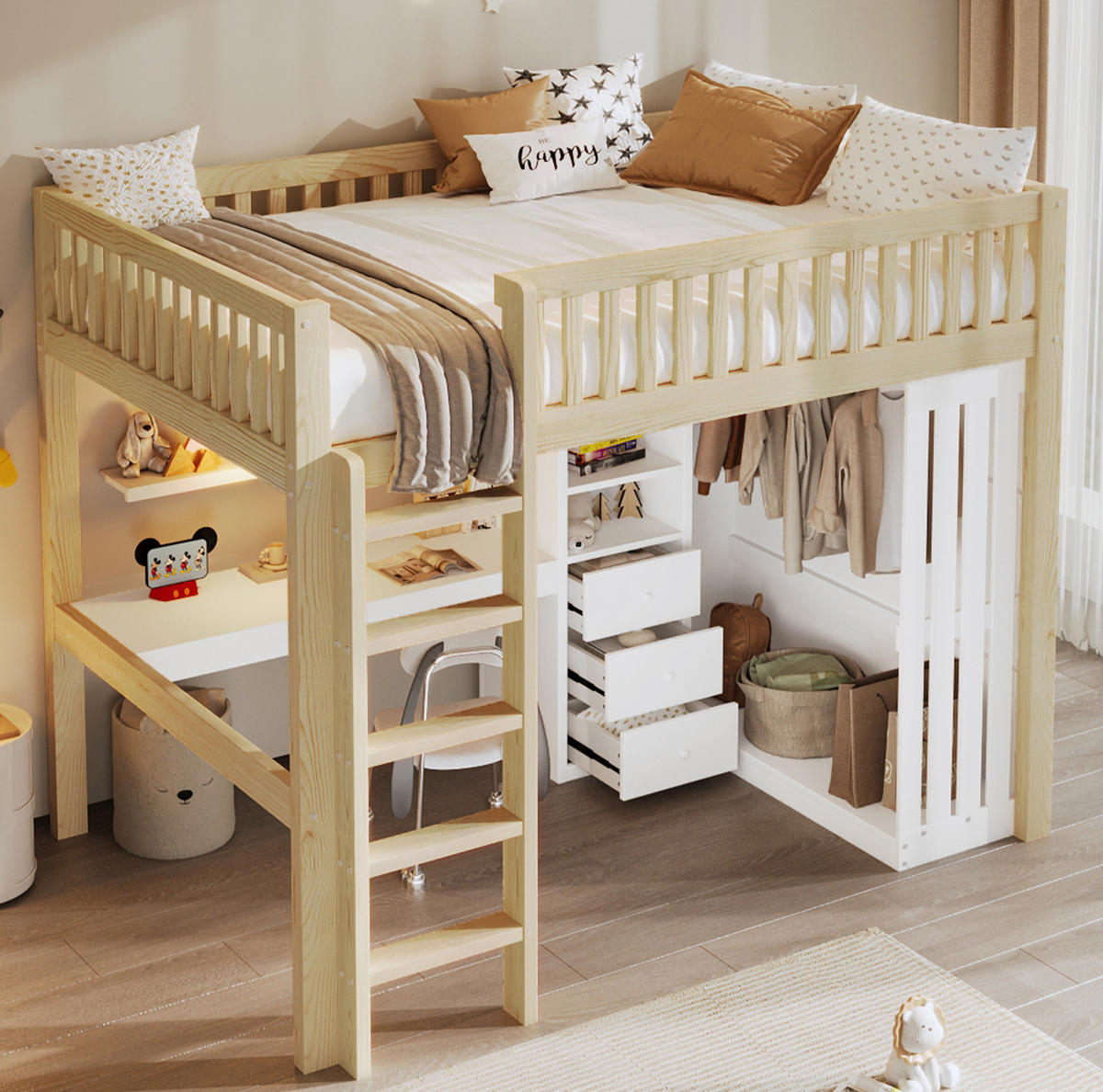 HOCHBETT aus Kiefernholz und MDF 140x200 cm Natur mit Schreibtisch, Kleiderschrank, 3 Schubladen und Treppe - Naturfarben, Holzwerkstoff (140/200cm) - Modfu