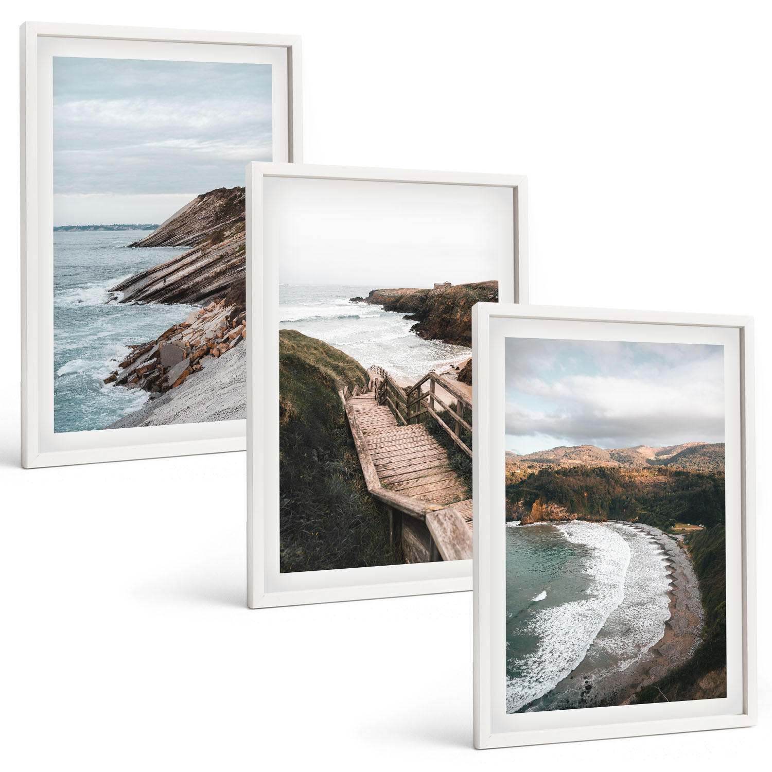 BILDER SET 3er Set - 40x60 cm Weißer Rahmen - Klippenblicke, Strandlandschaften - Weiß, Kunststoff (40/60cm) - TULUP