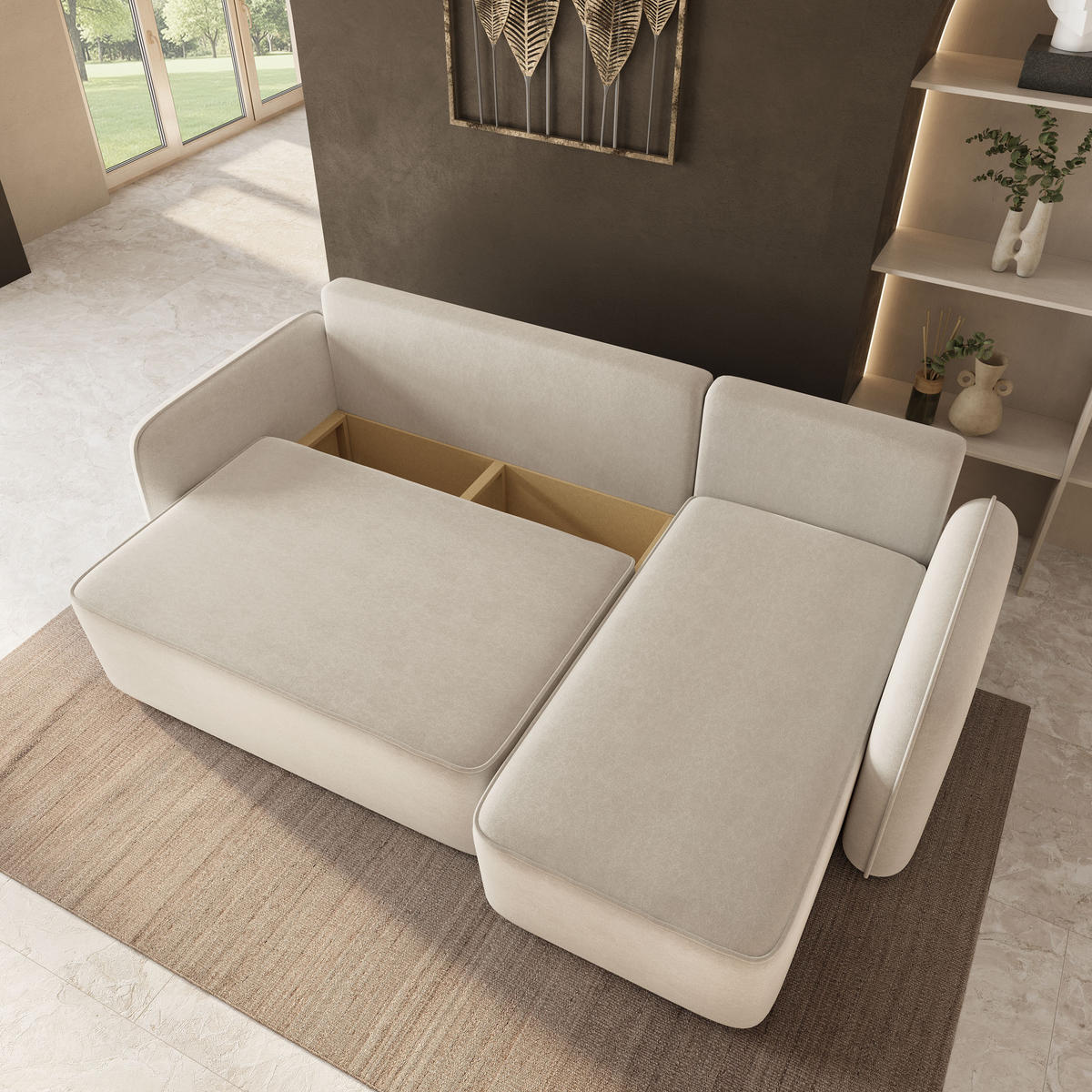 ECKSOFA DOLVER CL Creme Samtstoff mit Schlaffunktion - Creme, Holzwerkstoff/Textil (238/156cm) - MASSENO