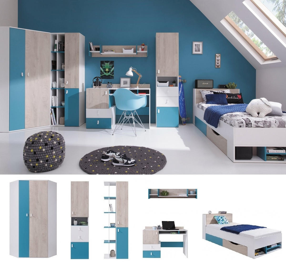 JUGENDZIMMER Space Set A mit Bett 90 x 200 - Weiß-Eiche-Türkis - Türkis/Eichefarben, Holzwerkstoff (90/190/90cm) - QMM TraumMöbel