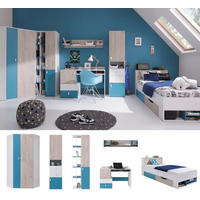 JUGENDZIMMER Space Set A mit Bett 90 x 200 - Weiß-Eiche-Türkis - Türkis/Eichefarben, Holzwerkstoff (90/190/90cm) - QMM TraumMöbel