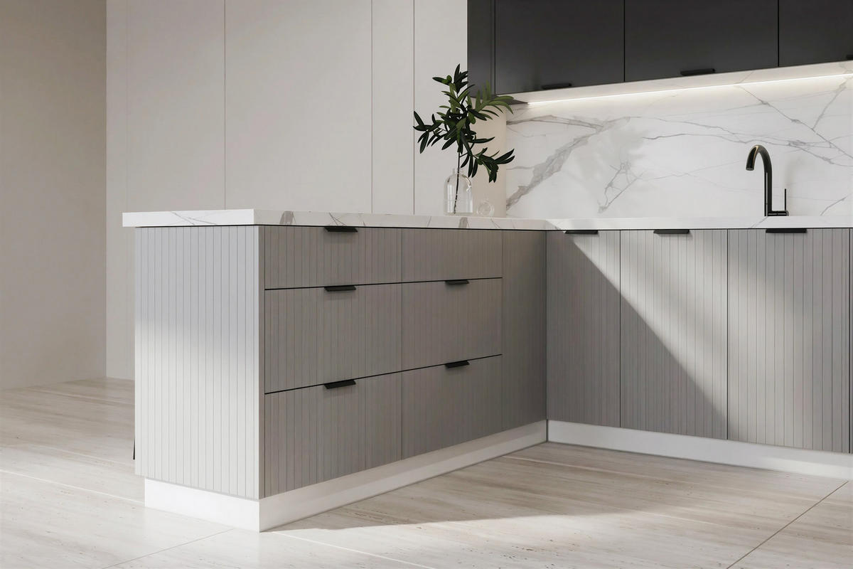 KÜCHENZEILE KS29-G390x260 – Kendro & Morvex - Effiziente Raumnutzung mit Stil - Schwarz/Grau, Holz/Metall (390/213.3/260cm) - ROYAL24_MARKT