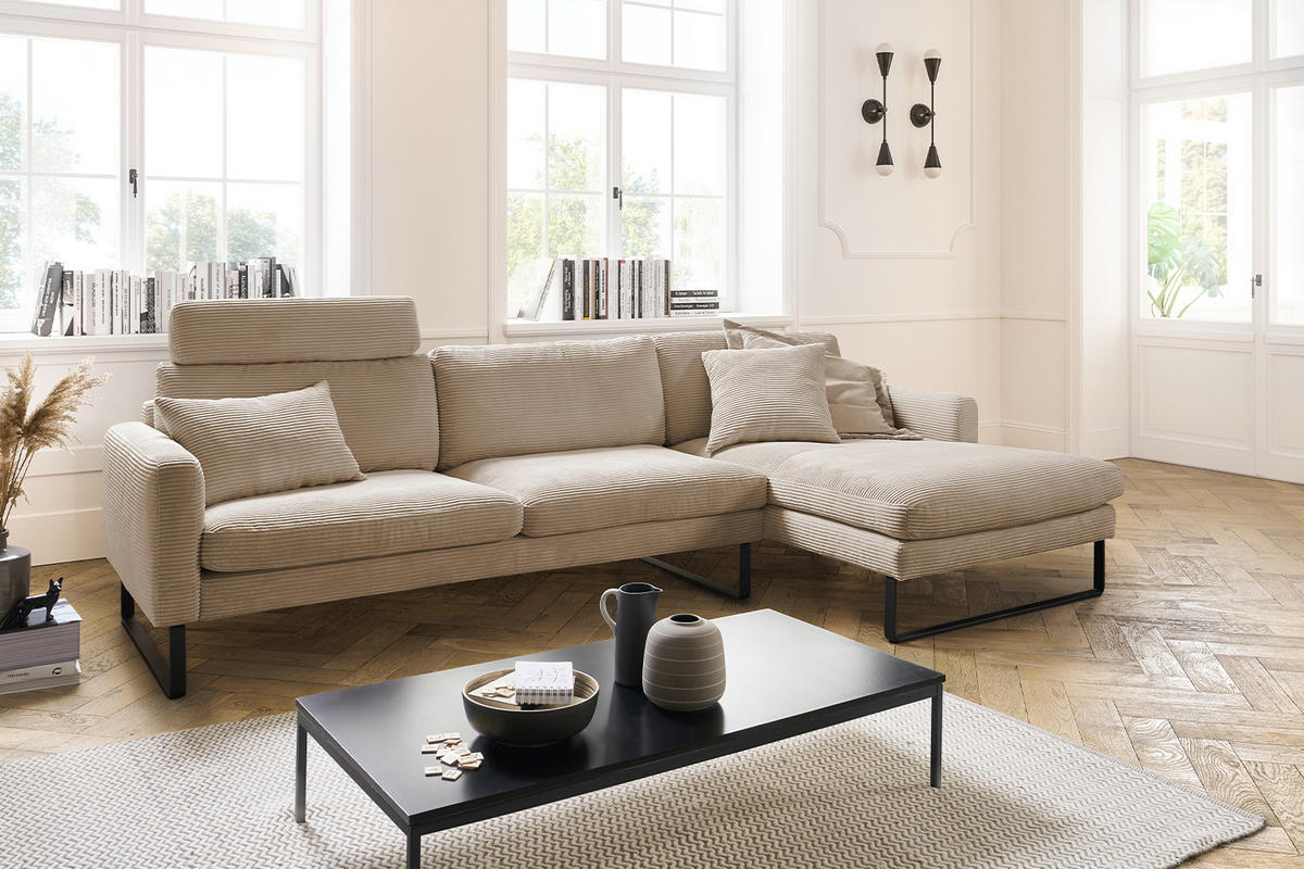 ECKSOFA RICARDA Taupe Cord - Taupe/Schwarz, Textil/Metall (298/154cm) - KAWOLA