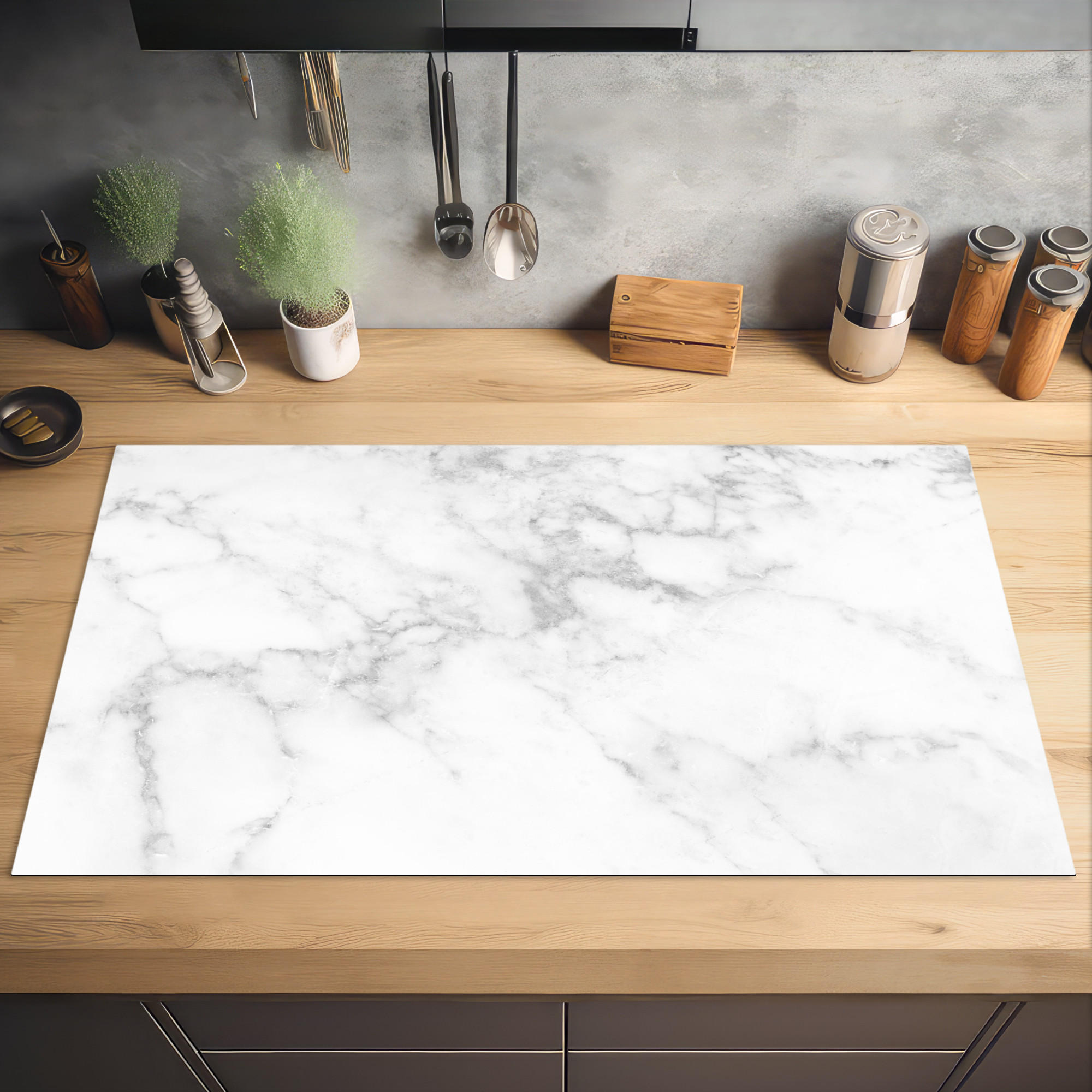 HERDABDECKPLATTE Marmor - Grau - Weiß - Strukturierter Marmor 91x52 cm - Weiß, Kunststoff (91.2/0.2/52cm) - MuchoWow