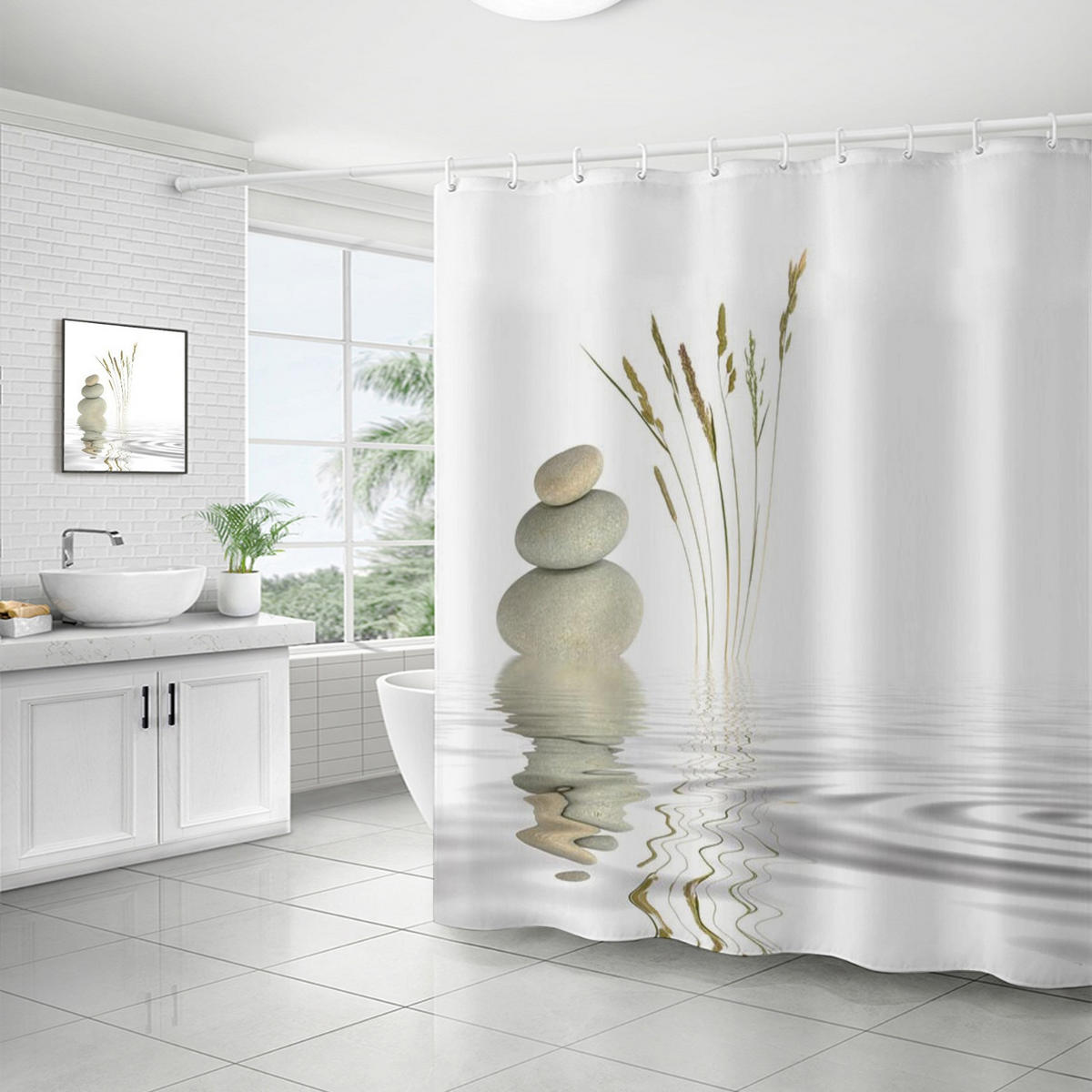 DUSCHVORHANG 180 x 180 cm Kieselsteine Muster hochwertig wasserfest schimmelresistent mit Schlaufen - Beige, Textil (180/180cm) - MCBOSON