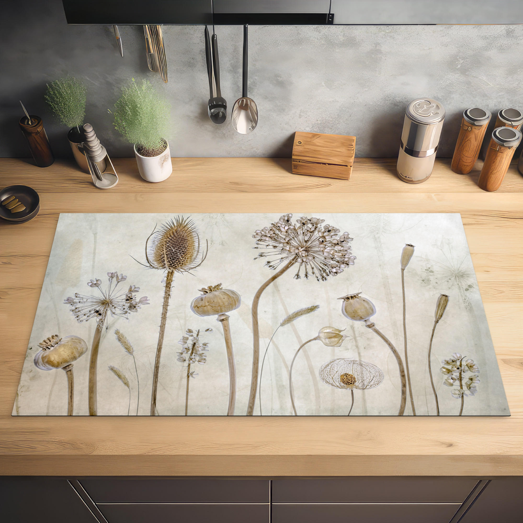 HERDABDECKPLATTE Blumen - Aquarell - Stilleben - Braun - Vintage 89x51 cm - Sandfarben, Kunststoff (89.6/0.2/51.6cm) - MuchoWow