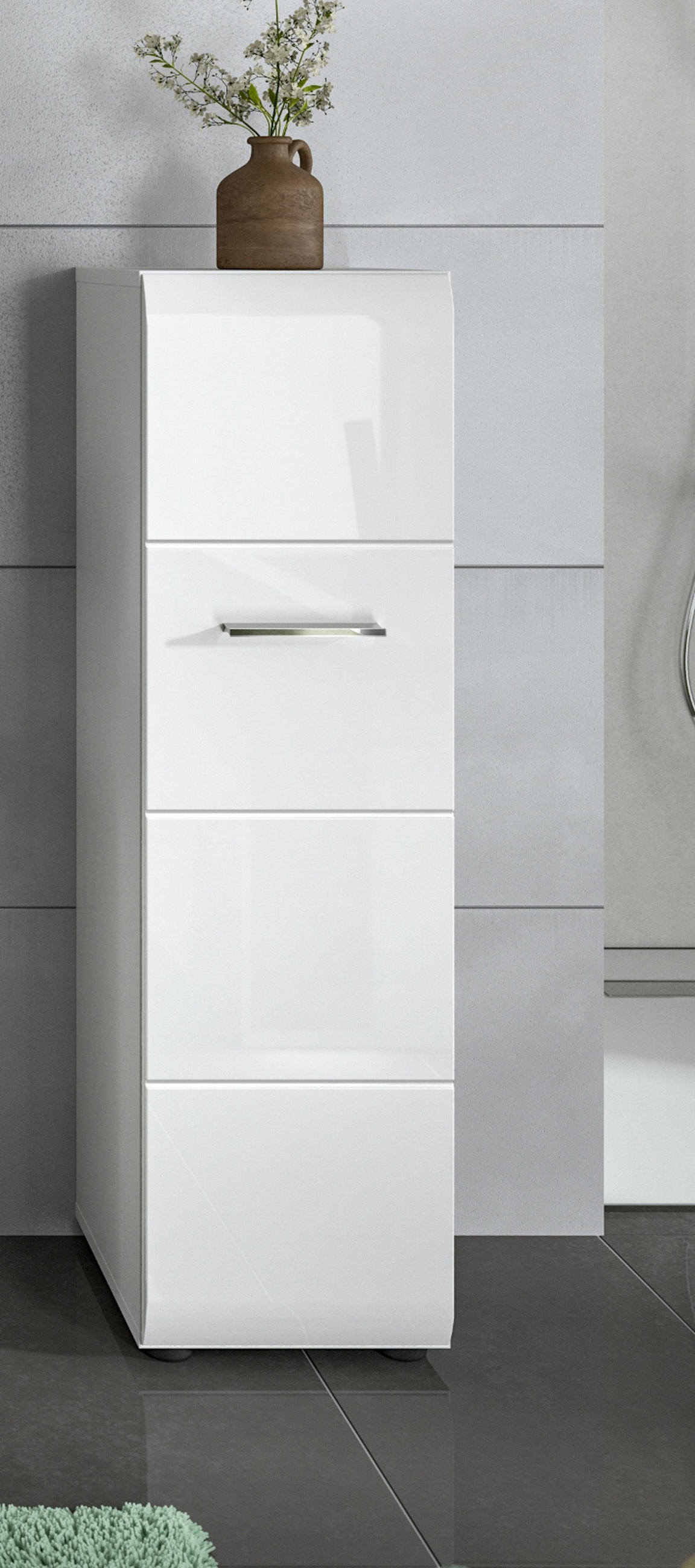 BADOMMODE weiß Hochglanz 30 x 106 cm, Badezimmer Schrank hängend oder stehend - Weiß Hochglanz/Silberfarben, Holzwerkstoff/Kunststoff (30/106/30cm) - Inn.Furn