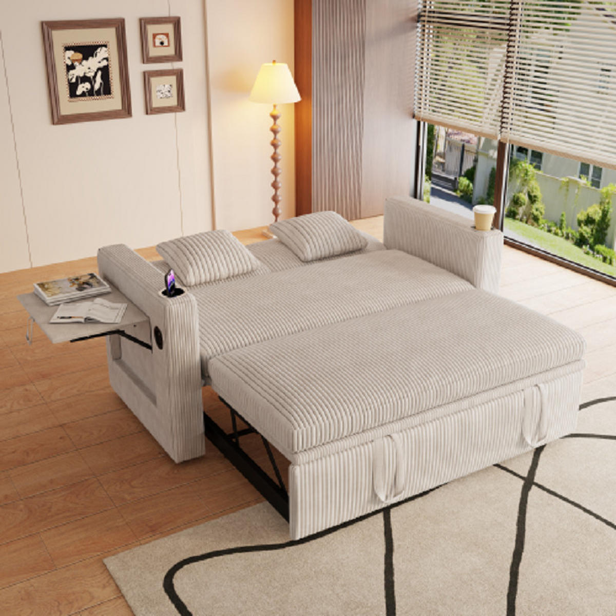 2-SITZER SCHLAFSOFA Cord Weiß mit Bettfunktion - Beige, Textil (145/85.5/132cm) - WISHDOR