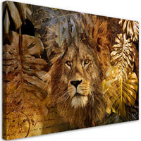 LEINWANDBILD Löwe und Monstera Goldene Blätter - Braun, Textil (90/60cm) - Feeby