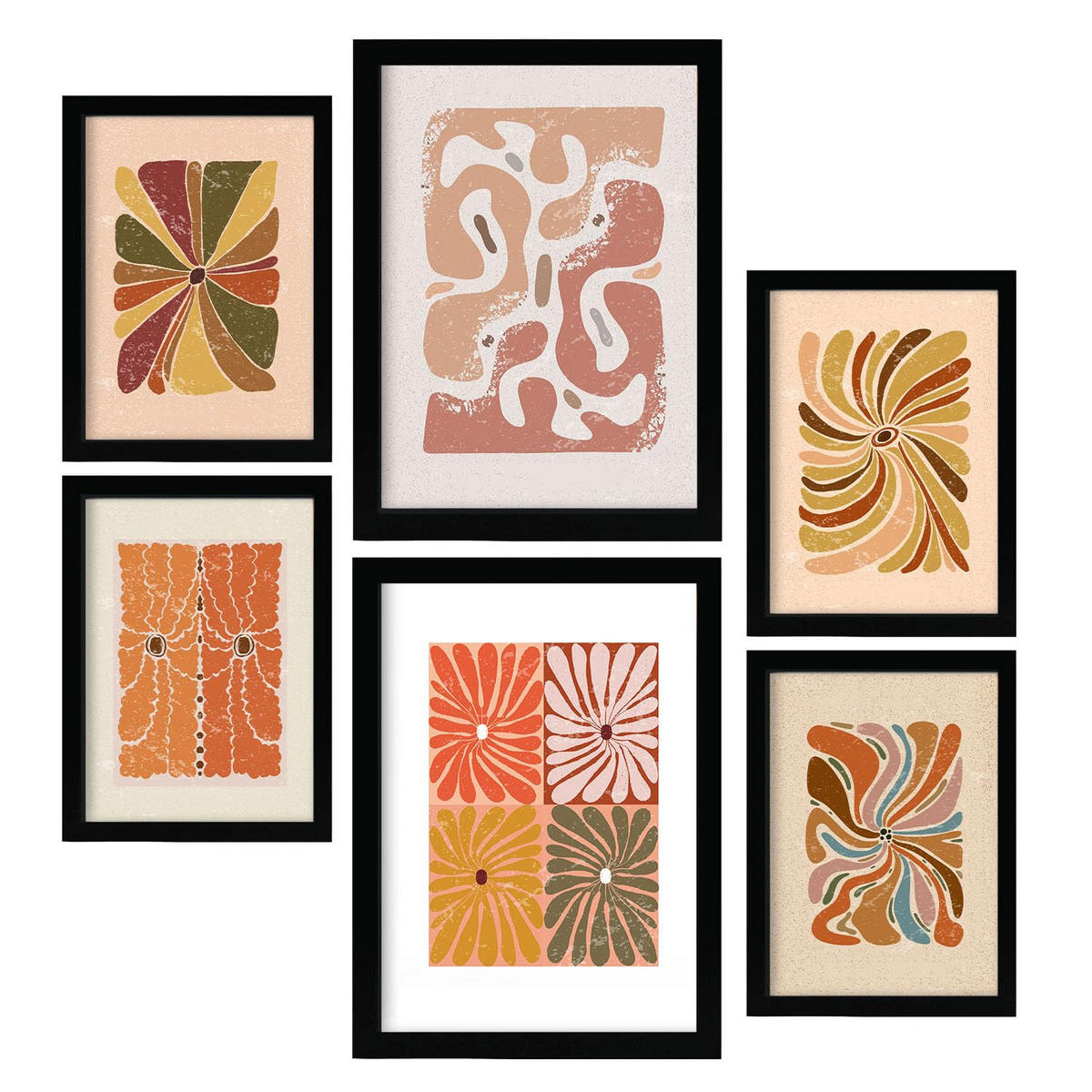 POSTER Set Mit 6 abstrakte ethnische Blume Größe A3 & A4 Schwarzer Rahmen - Schwarz, Papier (29.7/1cm) - Nacnic