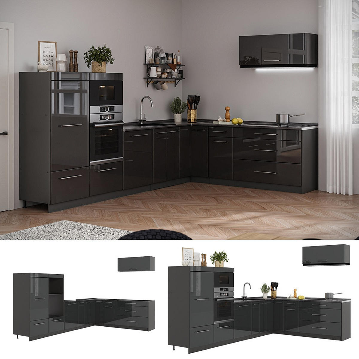 KUHINJA U OBLIKU SLOVA L Fame-Line, Antracit visokog sjaja/Antracit, 327 x 227 cm, RP Hrast - crna visoki sjaj/antracit, drvni materijal (327/153.6/60cm) - Vicco