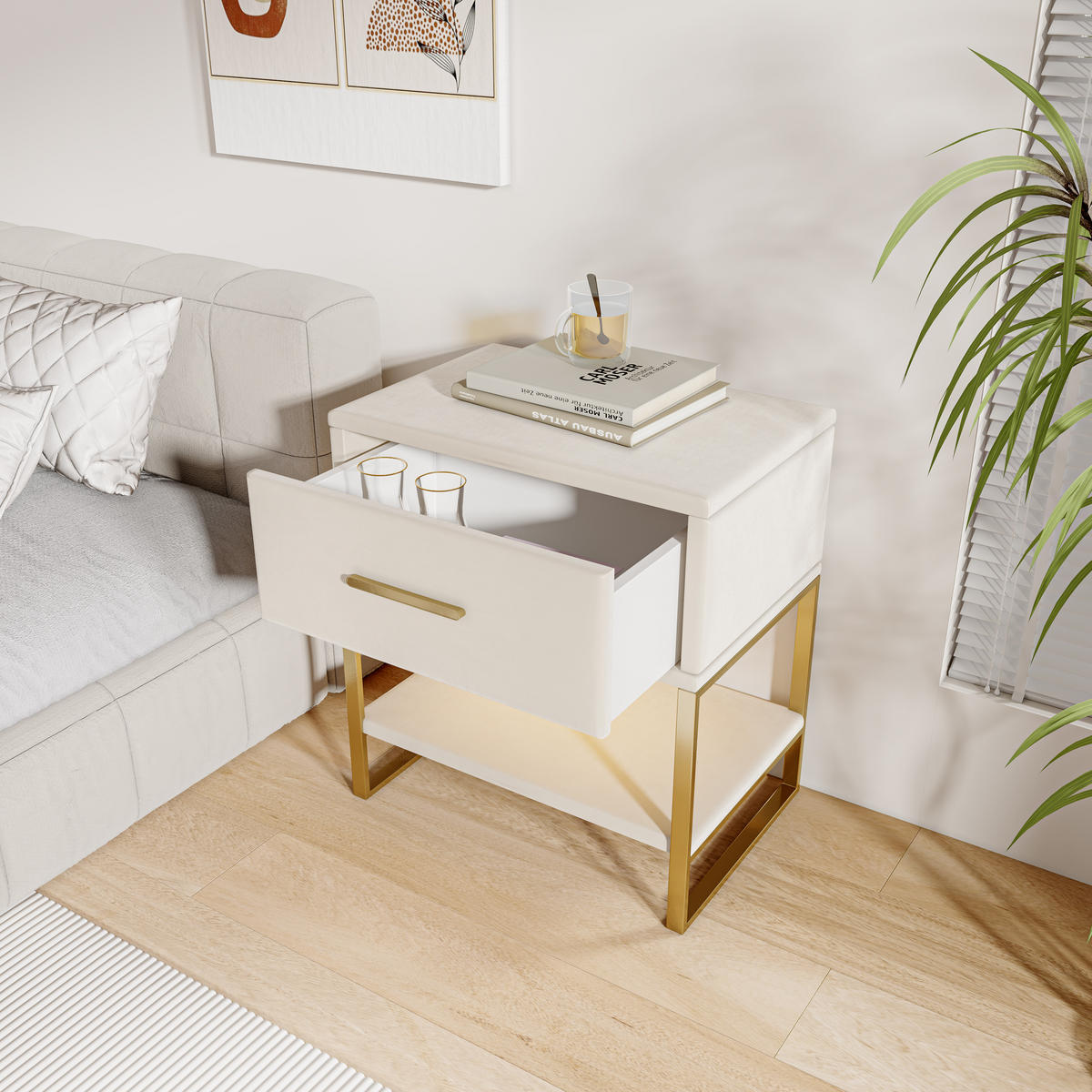 NATTDUKSBORD, beige sammet, LED, låda, metallram - Beige, Träbaserade material (40/50/31cm) - SHOPENTRA