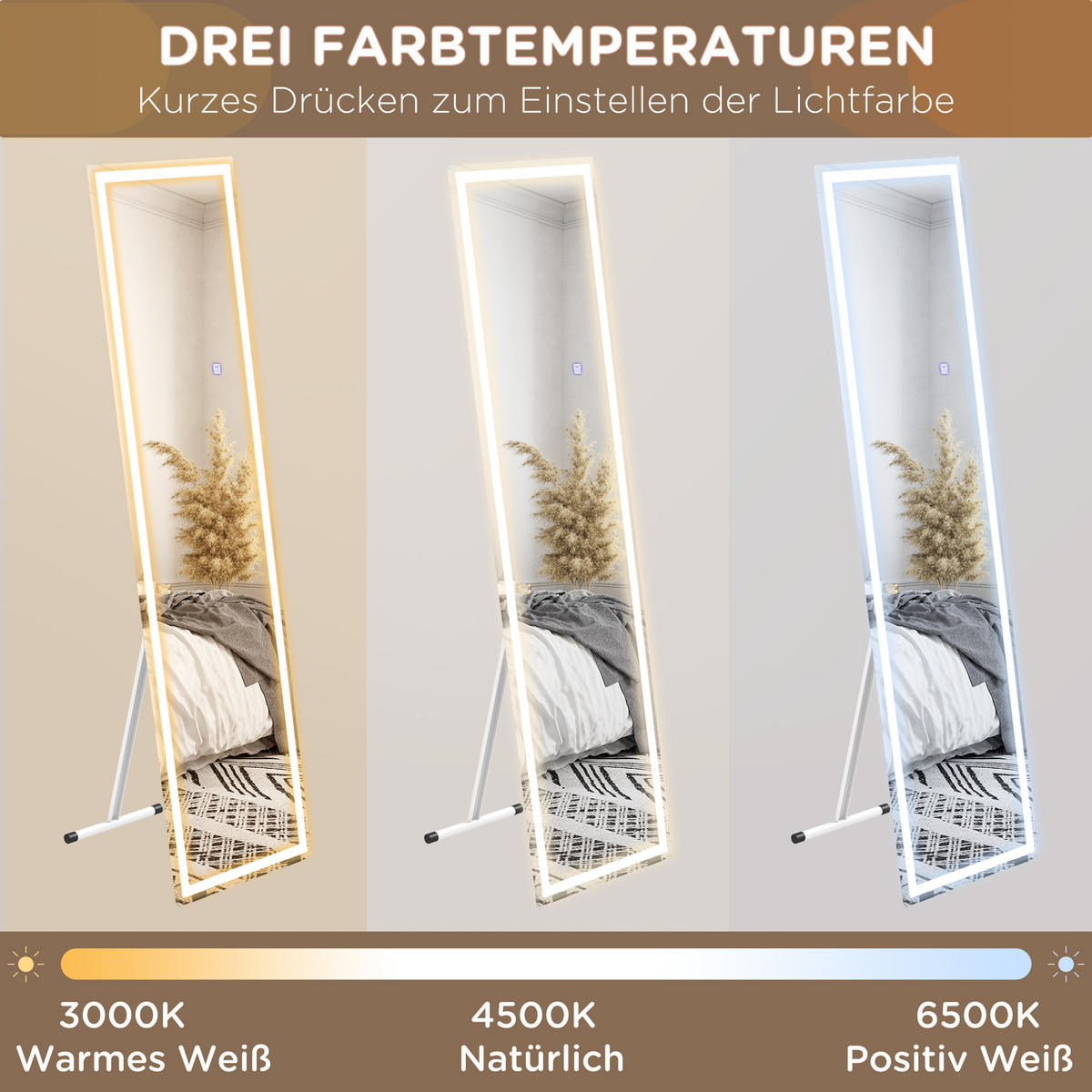 STANDSPIEGEL, mit LED-Leuchte, 3 Lichtfarbe, für Wohnzimmer, Schlafzimmer, Weiß - Weiß, Glas (40/2.9/150cm) - HOMCOM