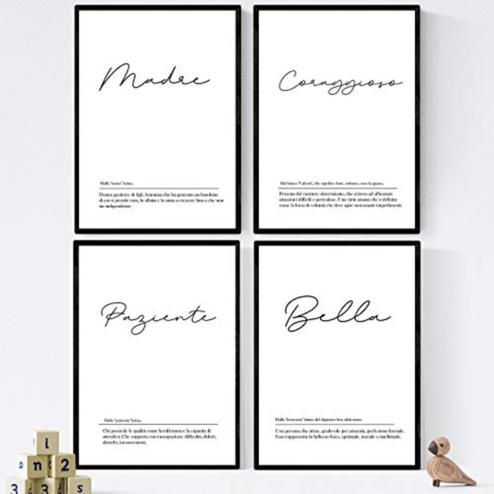 POSTER Set mit 4 Englisch ‚Mutter‘ von Wörtern mit Definitionen A4 Schwarzer Rahmen - Schwarz, Papier (29.7/3cm) - Nacnic