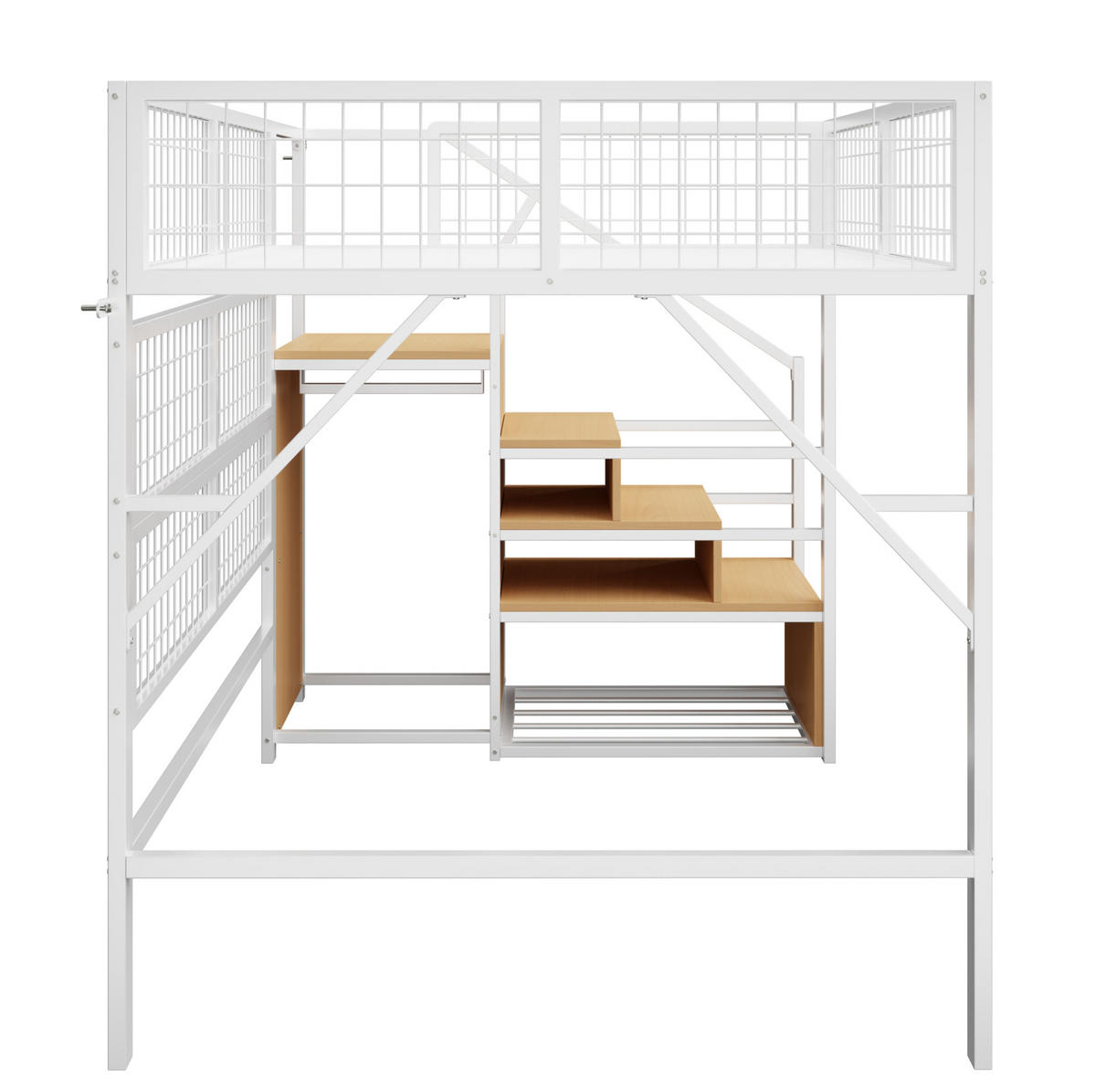 HOCHBETT aus Metall und MDF 140x200 cm Weiß mit app-gesteuerter LED-Beleuchtung, Stauraumtreppe und Kleiderschrank - Weiß, Metall (140/200cm) - Modfu