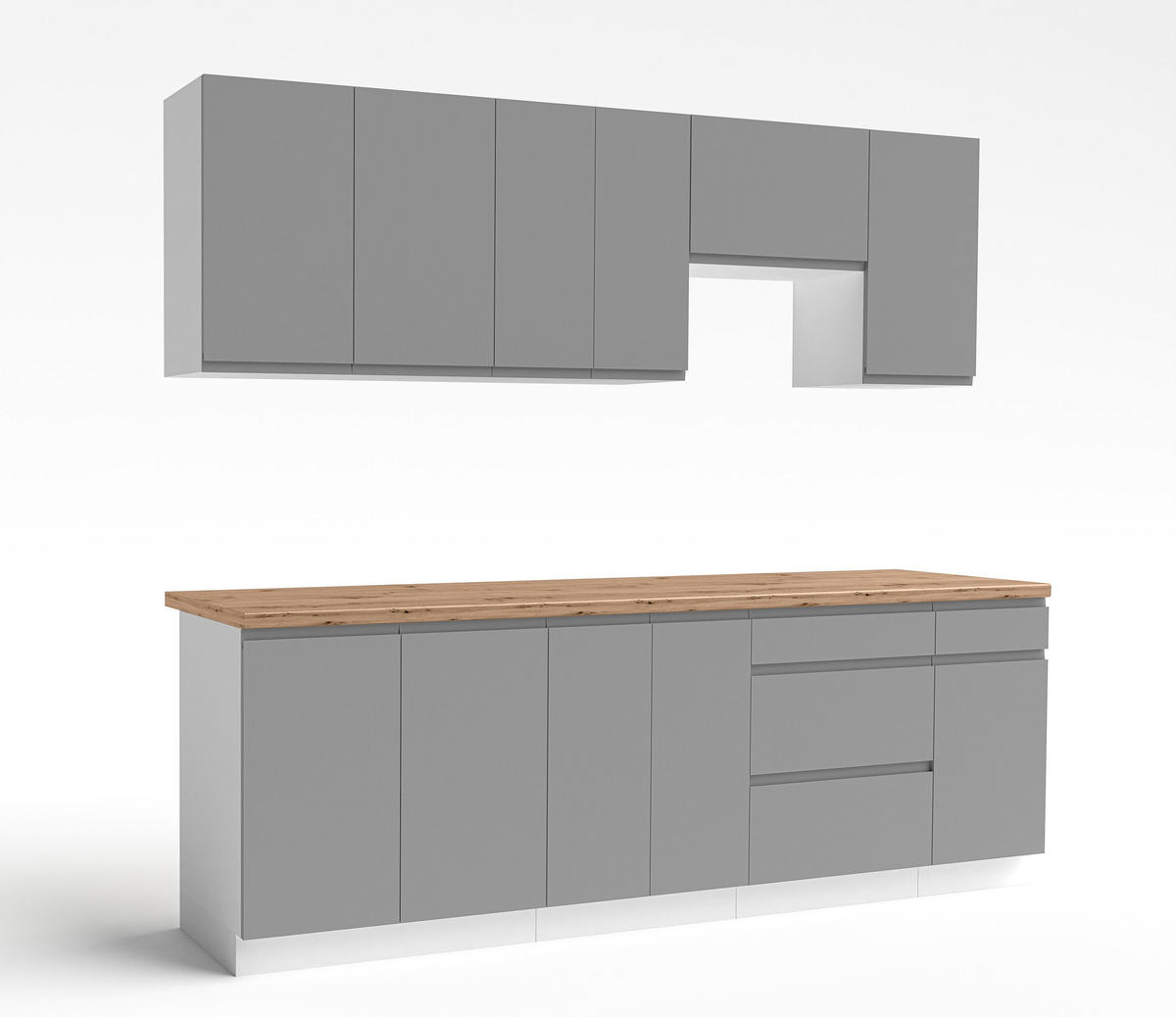KÜCHENLEERBLOCK Aquileia 240 cm Grau mit Weißem Korpus mit Arbeitsplatte Eiche Artisan - Eiche Artisan/Grau, Holzwerkstoff (240/157.8/60cm) - AX Living