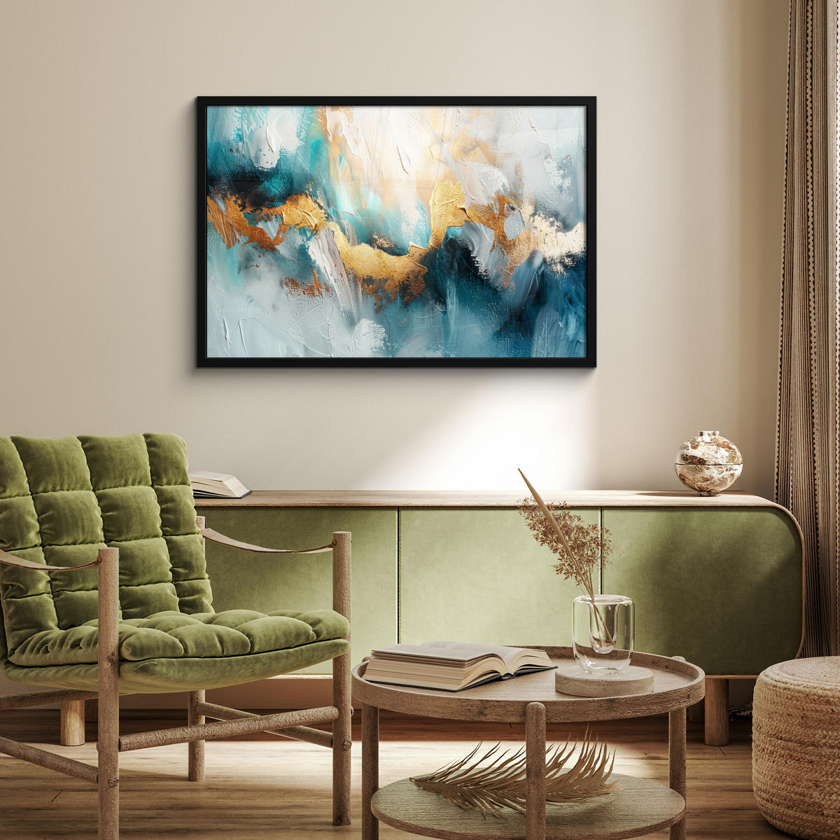 ZARÁMOVANÝ PLAGÁT Abstraktné - umenie - zlaté - modré 90x60 cm - petrolejová, papier (90/60cm) - MuchoWow