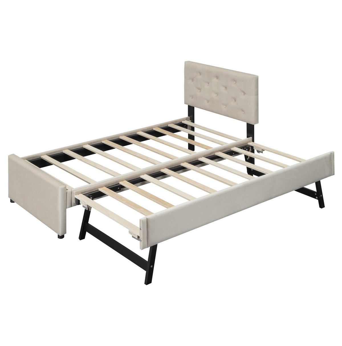 POLSTERBETT aus Samt und MDF 90x200 cm Beige mit Lattenrost und ausziehbarem Rollbett - Beige, Textil (90/200cm) - IVMEU