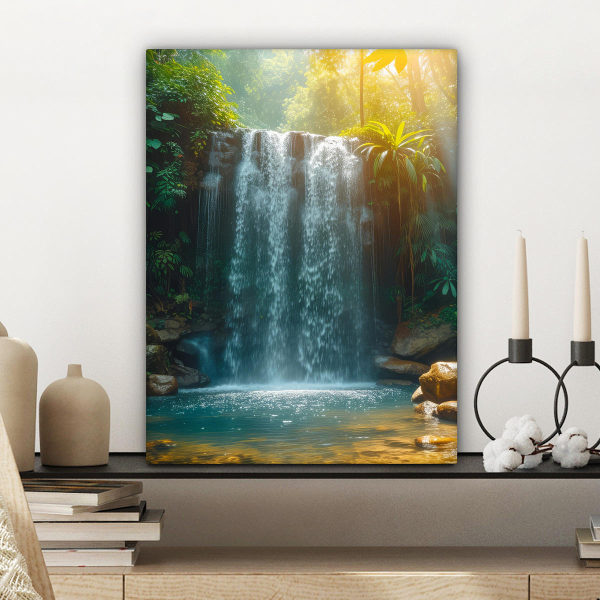 LEINWANDBILD Wasserfall - Dschungel - Sonne - Grün - Natur 30x40 cm - Grün, Textil (30/40cm) - MuchoWow