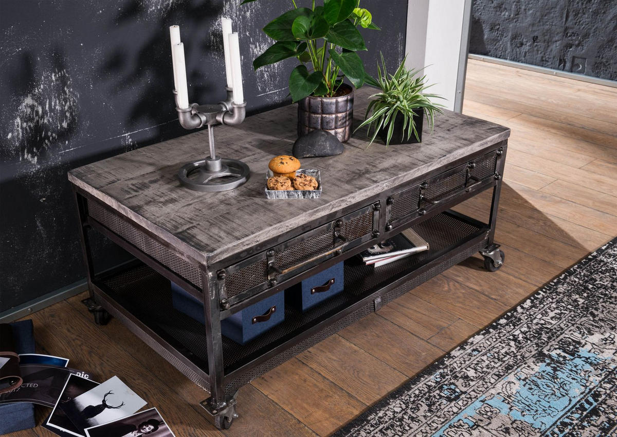 COUCHTISCH Mango 110x60x50 grau lackiert HEAVY INDUSTRY #122 - Grau, Holz (110/60/50cm) - Massivmoebel24