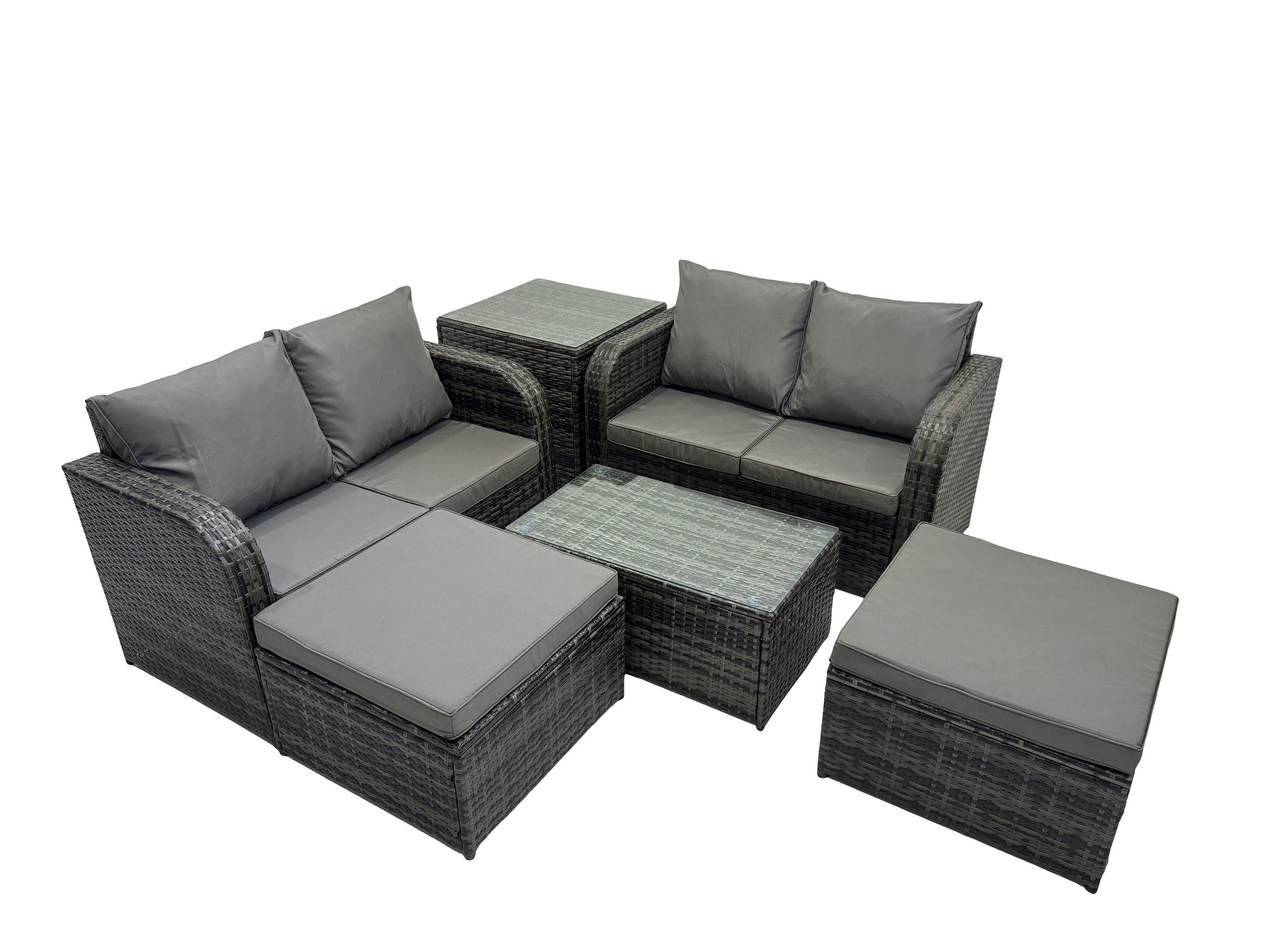 GARTENMÖBELGARNITUR mit KISSEN Polyrattan Dunkelgrau 6-Sitzer - Dunkelgrau/Grau, Glas/Kunststoff - Fimous