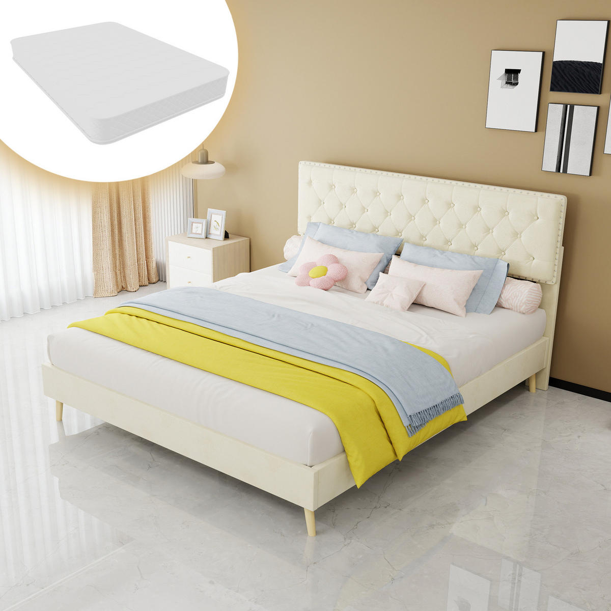 POLSTERBETT 160/200 cm mit hohem Kopfteil, Stauraum unter dem Bett und Matratze, Beige - Beige, Textil (160/200cm) - Redom