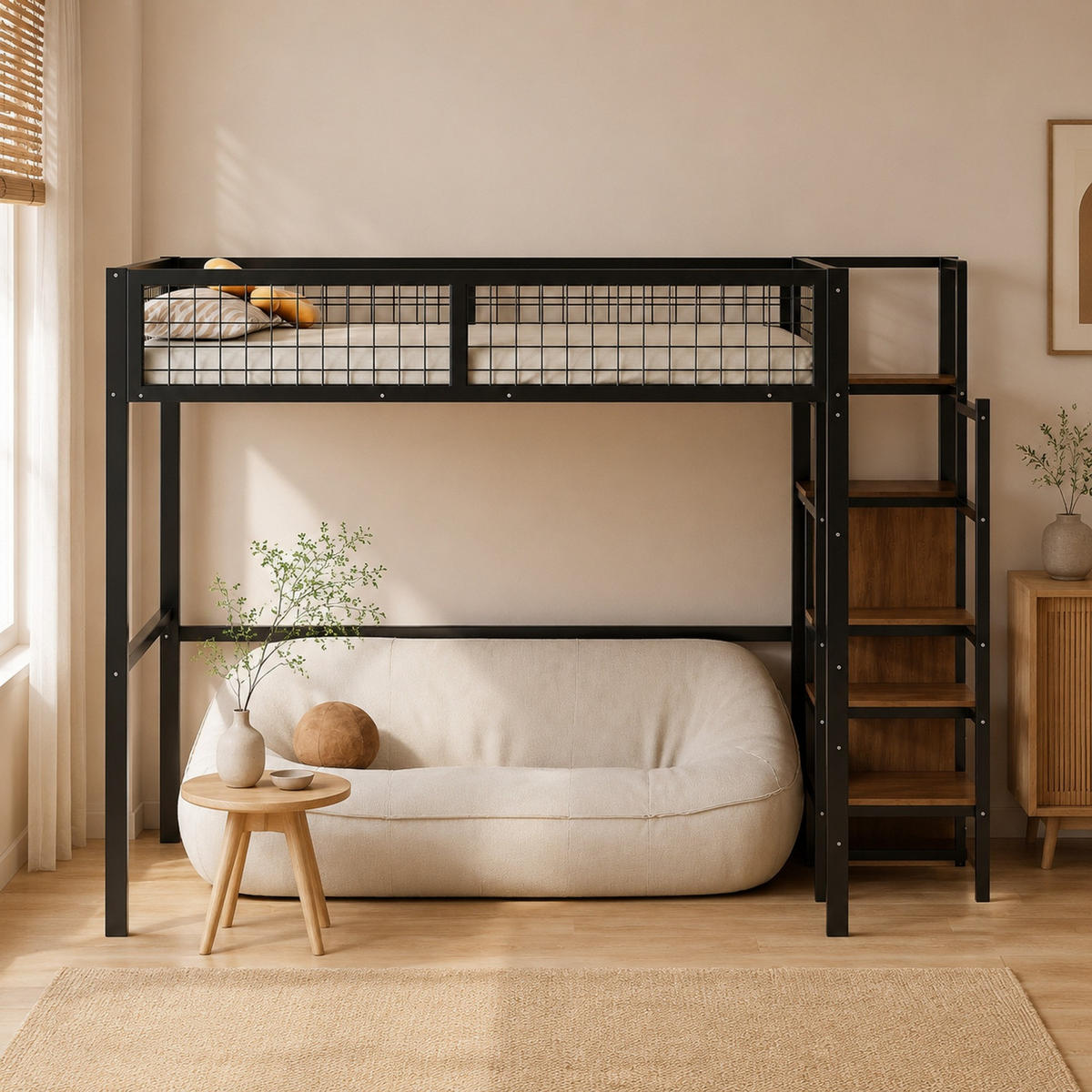 HOCHBETT 140/200 mit Sicherheitsleiter, Aufbewahrungsregal und Kleiderschrank in Schwarz - Schwarz, Holz/Metall (140/200cm) - EVRYAE