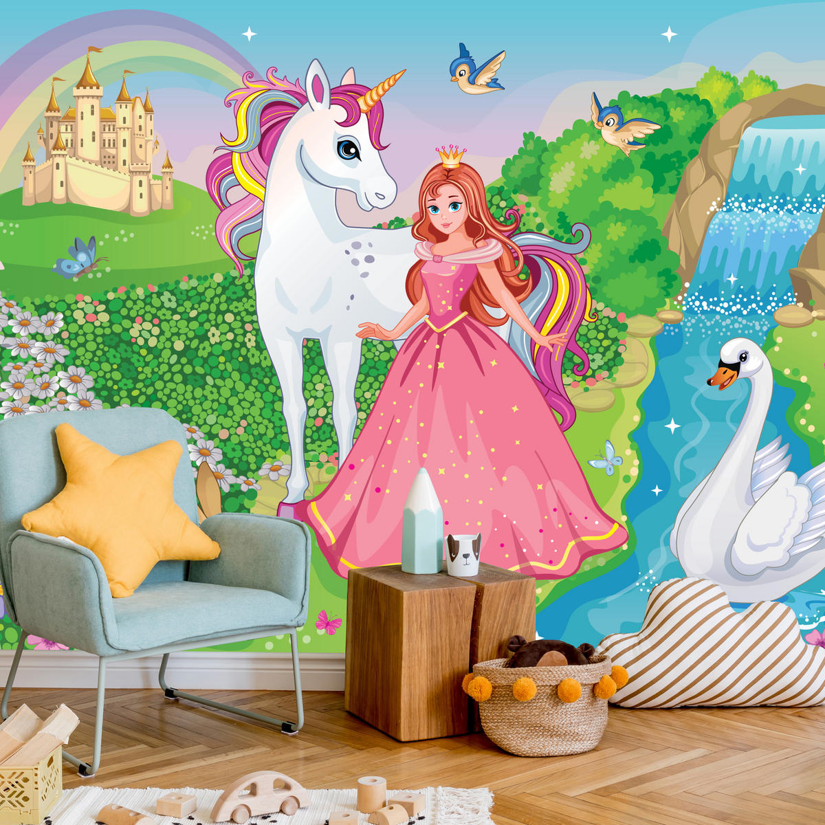 FOTOTAPETE für Kinderzimmer Prinzessin Einhorn Schloss Wasserfall Blumen 350x256 - Blau/Gelb, Papier (350/256cm) - Muralo