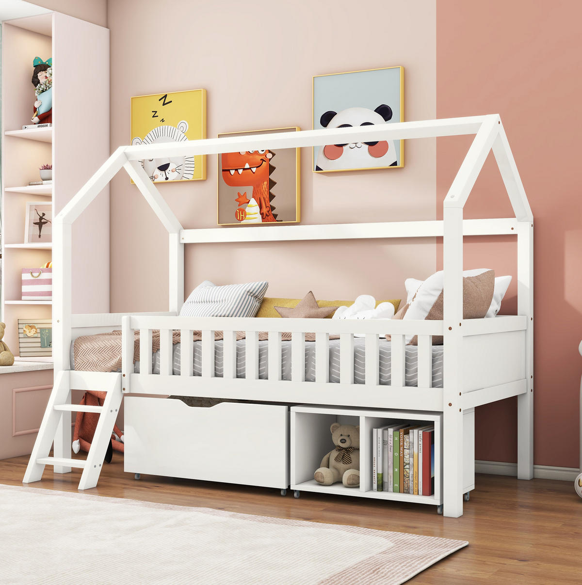 KINDERBETT 90/200 cm im Baumhausstil mit Treppe, Geländer, Schubladen und Schrank aus Kiefern, Weiß - Weiß, Holzwerkstoff (90/200cm) - Redom