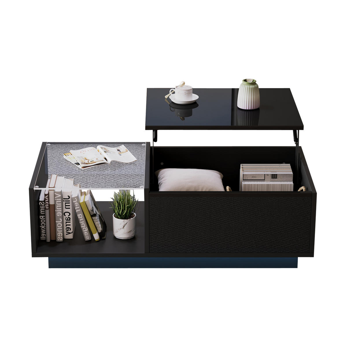 COUCHTISCH 100/50/33-46,5 cm mit LED-Beleuchtung und Stauraum, höhenverstellbar - Schwarz, Holzwerkstoff (100/50/33cm) - Flora Grace