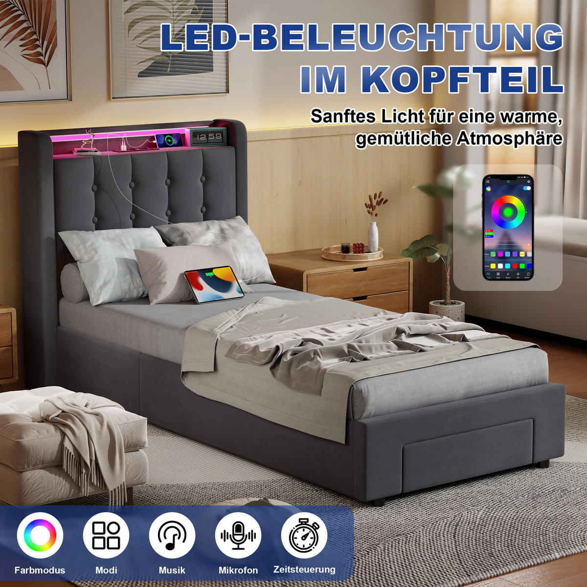 POLSTERBETT 90/190 cm, in Grau, Samt, mit Bettkasten, USB, LED, Stauraum und Schubladen, ohne Matratze - Grau, Holzwerkstoff/Textil (90/190cm) - WISHDOR