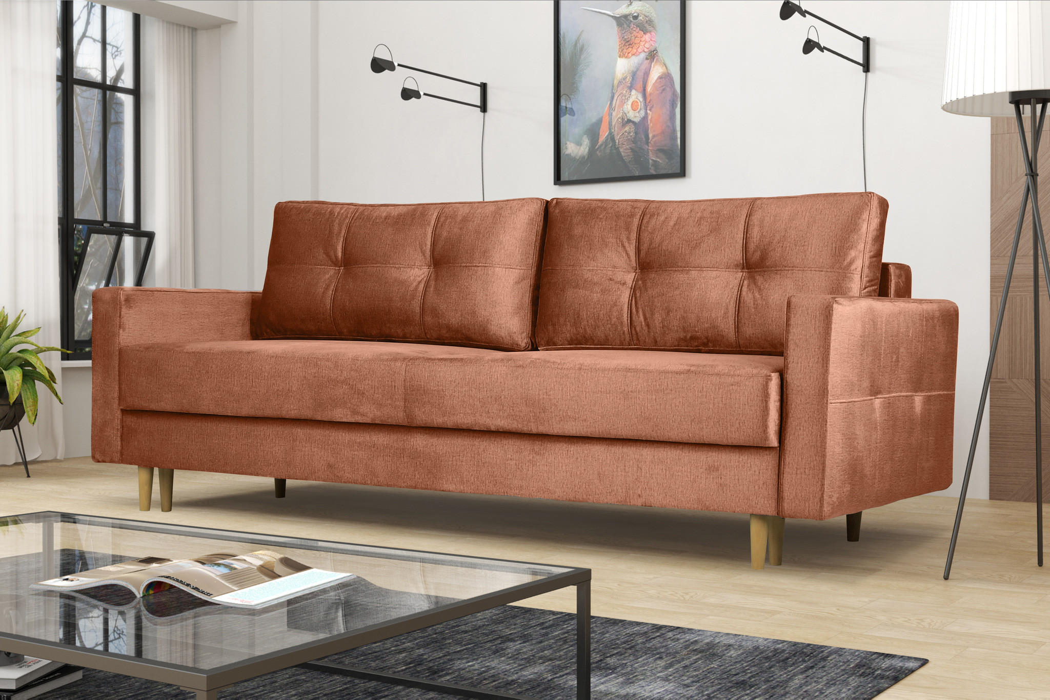 SCHLAFOSOFA Floro 3-Sitzer Stoff Monolith Pfirsichfarbe - Koralle, Holz/Textil (227/92/98cm) - Kaiser Möbel