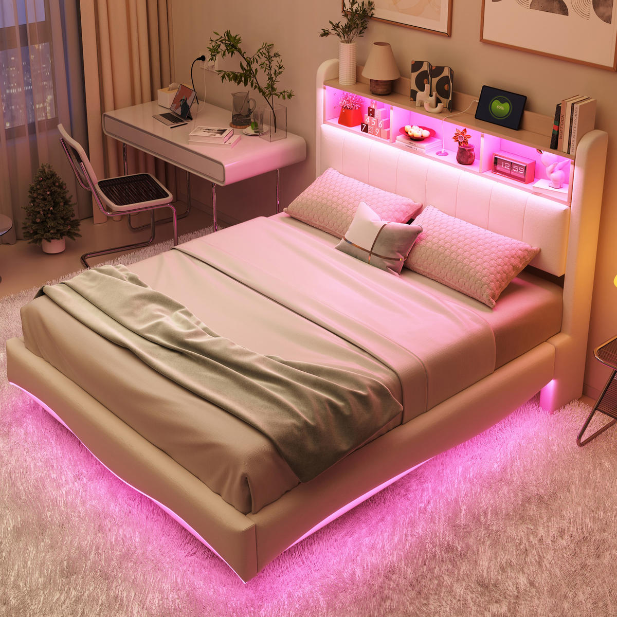 POLSTERBETT 140/200 cm in Beige Leinen mit Stauraum, LED, USB und Type-C - Beige, Holzwerkstoff/Textil (140/200cm) - WISHDOR